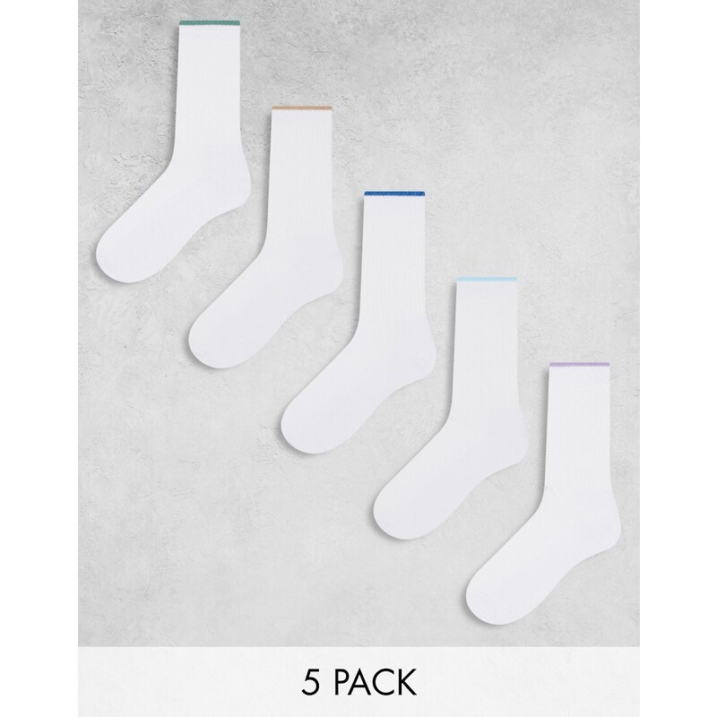 ASOS DESIGN - Confezione da 5 calze bianche con bordo a contrasto-Bianco