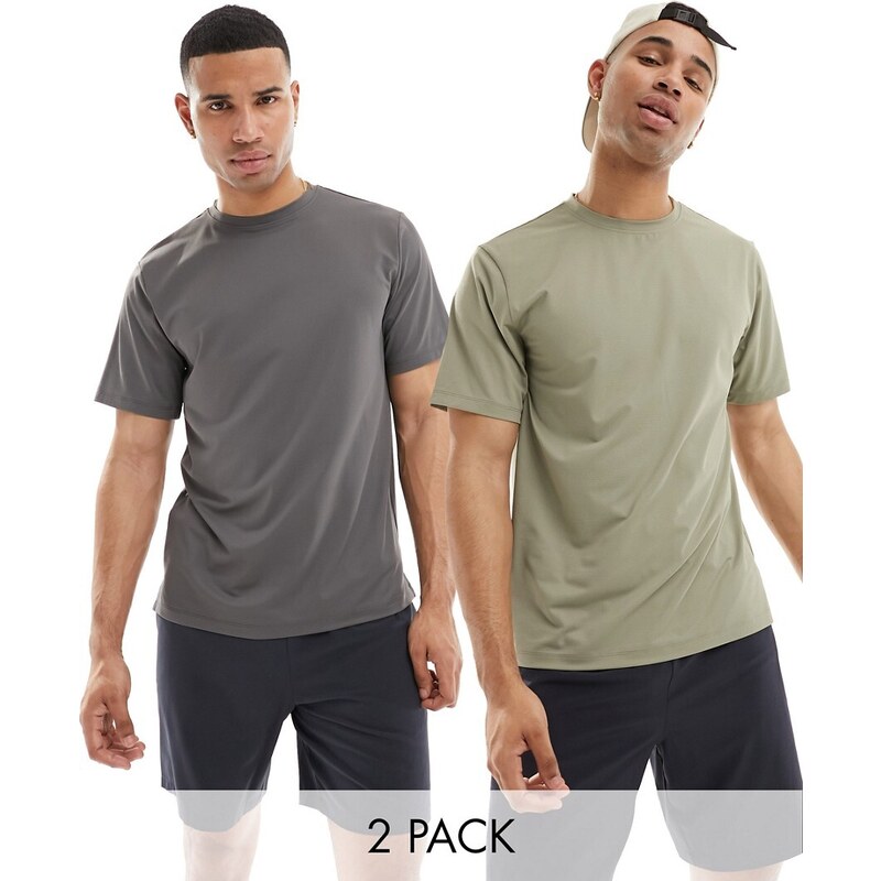 ASOS 4505 - Icon - Confezione da 2 T-shirt da allenamento ad asciugatura rapida antracite e kaki con logo-Multicolore