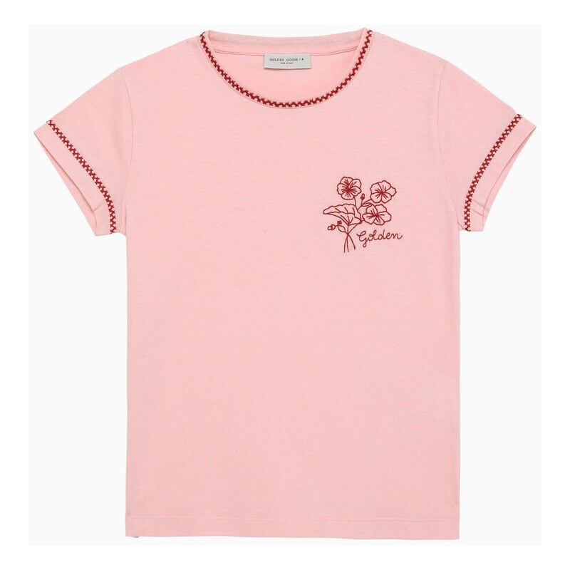 Golden Goose T-shirt girocollo rosa in cotone con ricamo