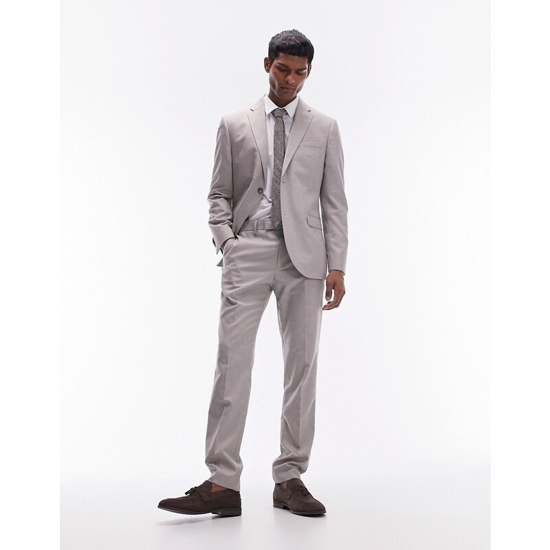 Topman - Pantaloni da abito slim in lino color pietra-Neutro