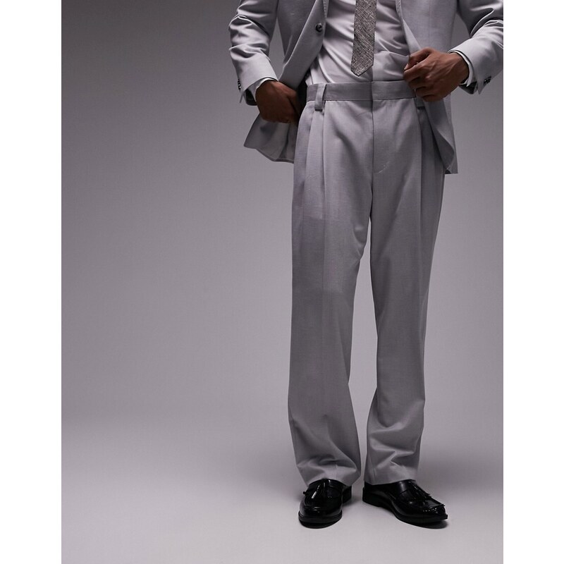Topman - Pantaloni da abito a fondo ampio grigi in lino-Grigio