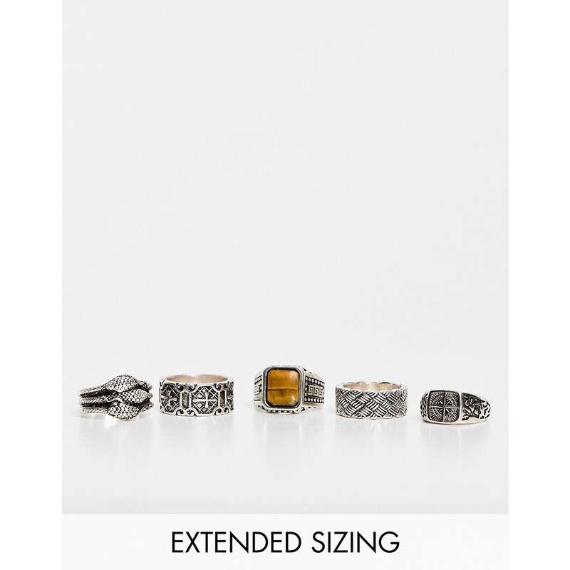 ASOS DESIGN - Confezione da 5 anelli con artiglio e bussola in argento brunito