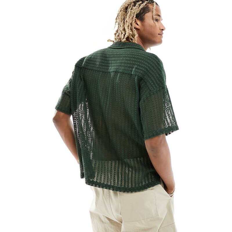 Native Youth - Camicia a maniche corte verde scuro in maglia a rete con bottoni