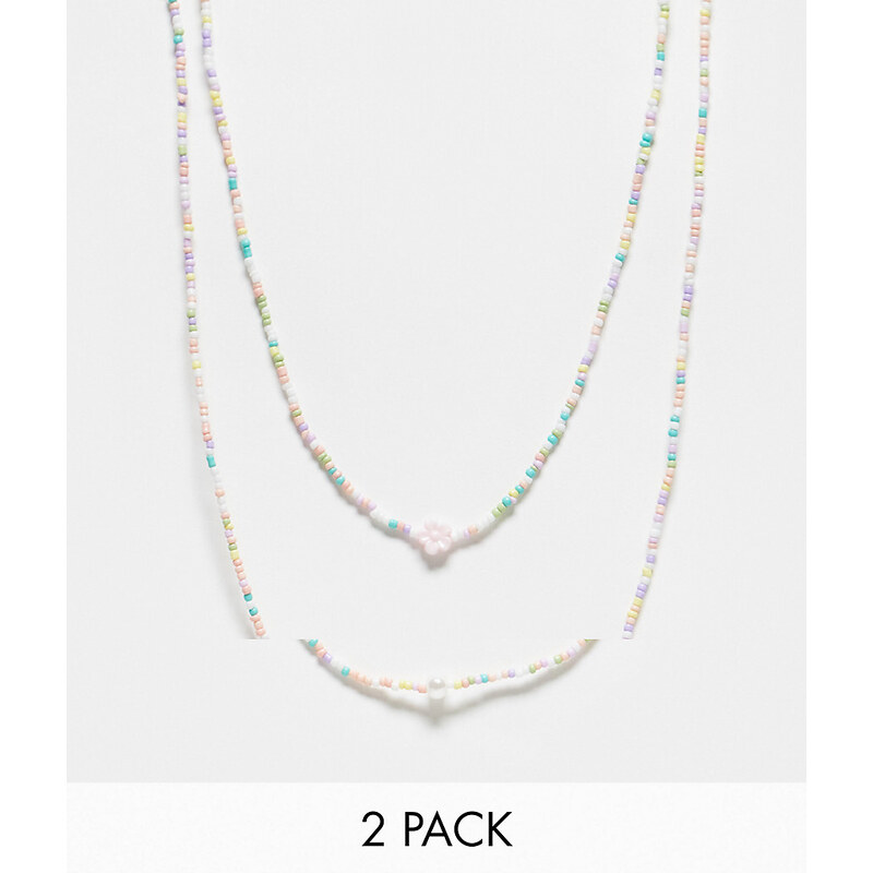 Pieces - Confezione da 2 collane con perline piccole multicolore e dettaglio con perla