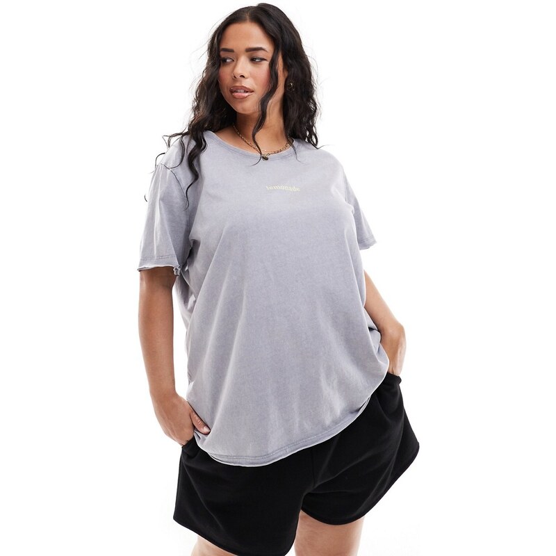 ONLY Curve - T-shirt oversize grigio slavato con stampa di limonata sulla schiena