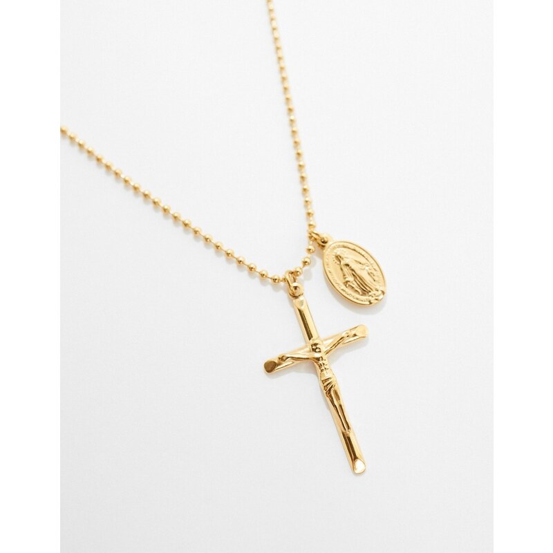 Neck On The Line - Collana in acciaio inossidabile placcato oro lunga con croce e medaglione