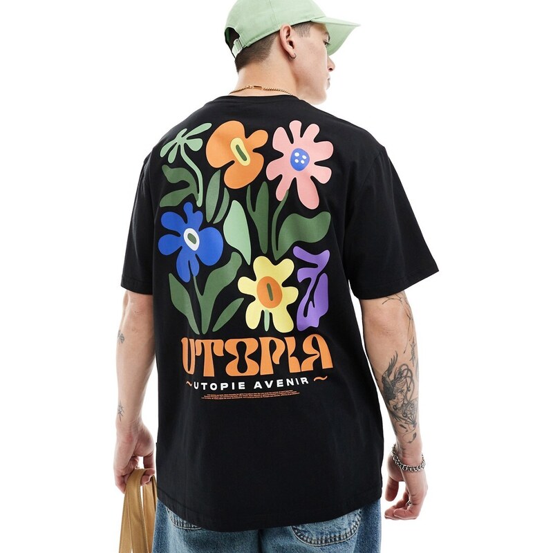 Only & Sons - T-shirt oversize nera con stampa “Utopia” sul retro-Nero
