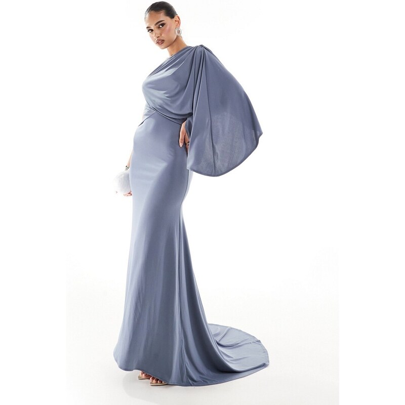 ASOS DESIGN - Vestito lungo monospalla premium drappeggiato con strascico blu ardesia