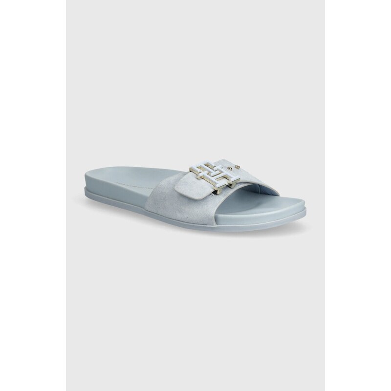 Tommy Hilfiger ciabatte slide in camoscio TH HARDWARE SUEDE FLAT SANDAL donna colore blu FW0FW07935