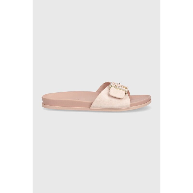 Tommy Hilfiger ciabatte slide in camoscio TH HARDWARE SUEDE FLAT SANDAL donna colore rosa FW0FW07935