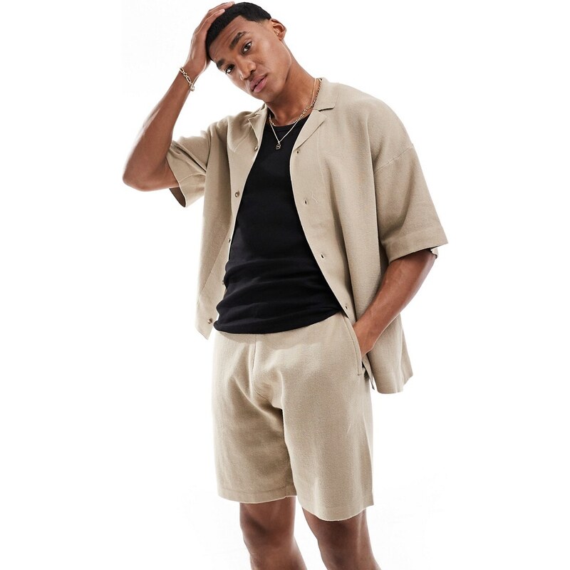 ADPT - Camicia oversize in maglia beige in coordinato-Neutro