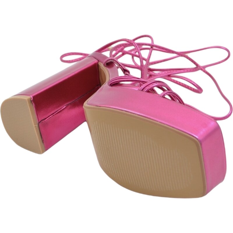 Malu Shoes Sandali donna laminato fucsia con plateau tacco largo lacci alla schiava comodi punta quadrata tacco 10