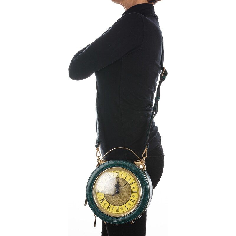 Borsa Mini Clock con orologio funzionante con tracolla, Cosplay Steampunk, ecopelle, colore verde, ARIANNA DINI DESIGN