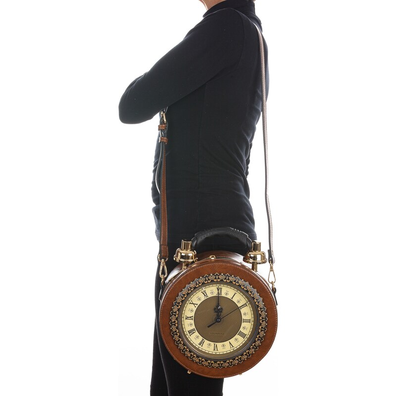 Borsa Tracy Clock con orologio funzionante con tracolla, Cosplay Steampunk, ecopelle, colore marrone, ARIANNA DINI DESIGN