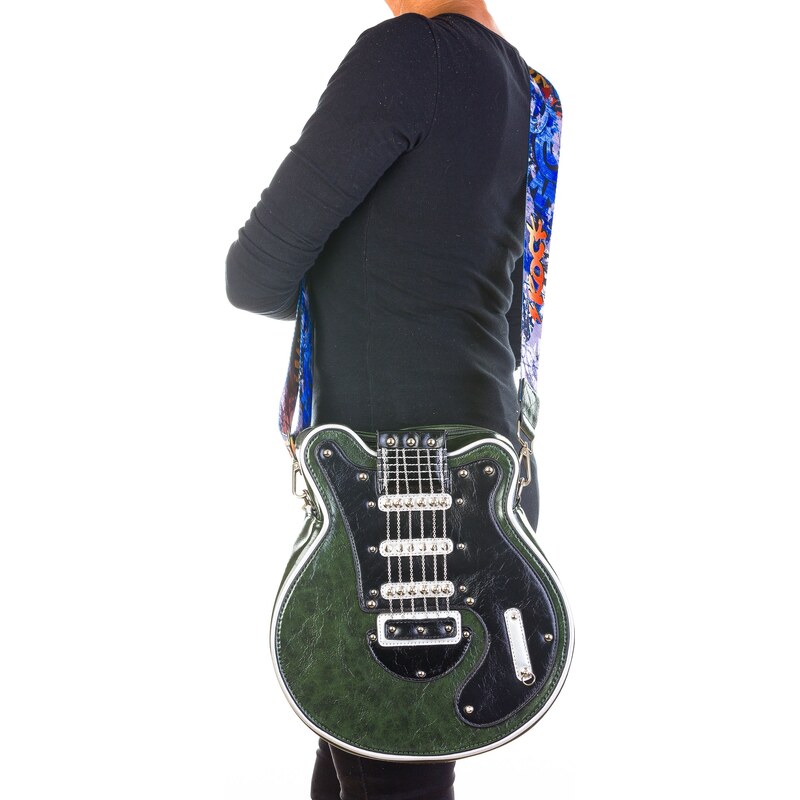 Borsa Guitar Lorien con tracolla, Cosplay Steampunk, in ecopelle, forma chitarra, colore verde petrolio, ARIANNA DINI DESIGN