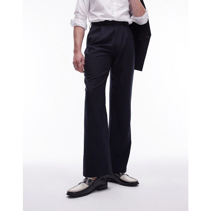 Topman - Pantaloni da abito premium stile smoking blu navy in misto lana