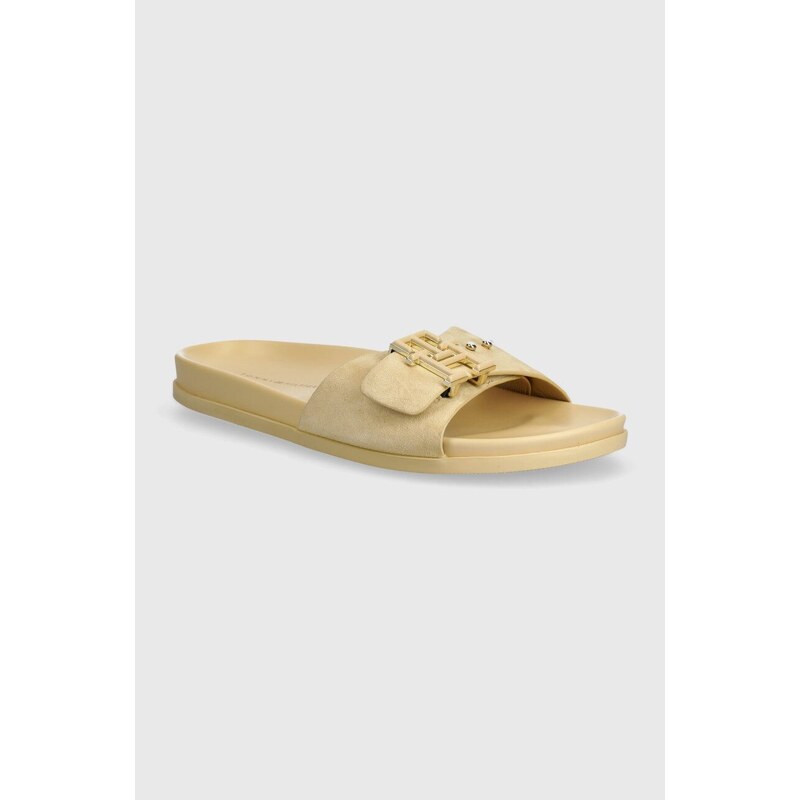Tommy Hilfiger ciabatte slide in camoscio TH HARDWARE SUEDE FLAT SANDAL donna colore beige FW0FW07935