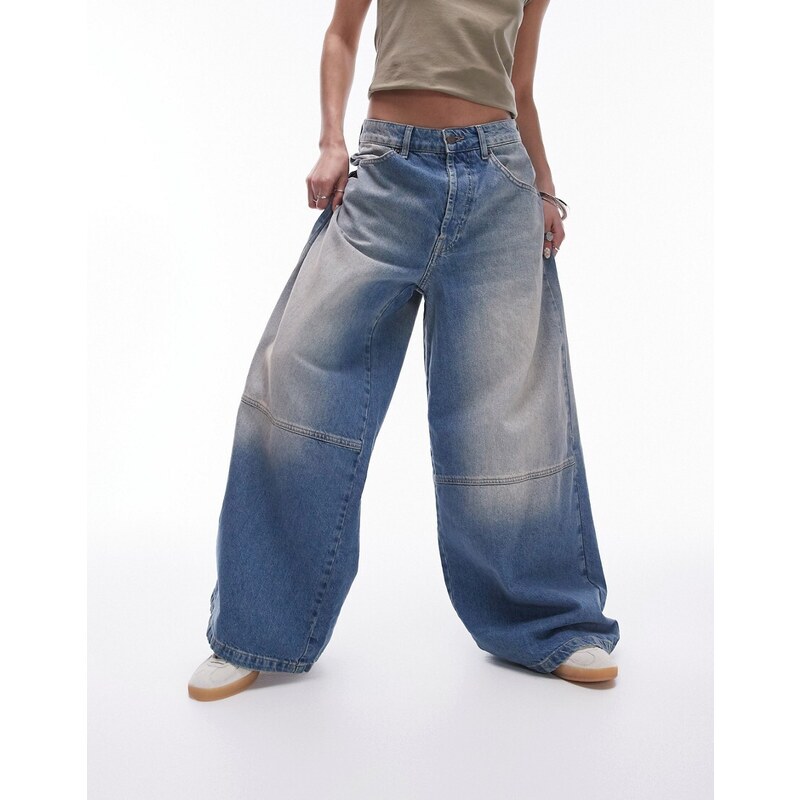 Topshop - Jeans cargo blu medio a fondo ampio invecchiati