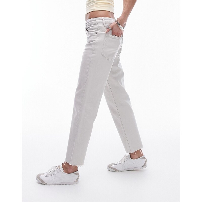 Topshop - Jeans dritti a vita medio alta taglio corto bianco sporco con bordi grezzi