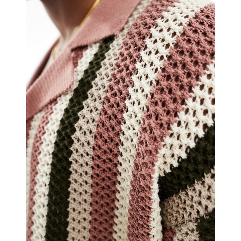 Only & Sons - Camicia in maglia traforata rosa a righe tono su tono