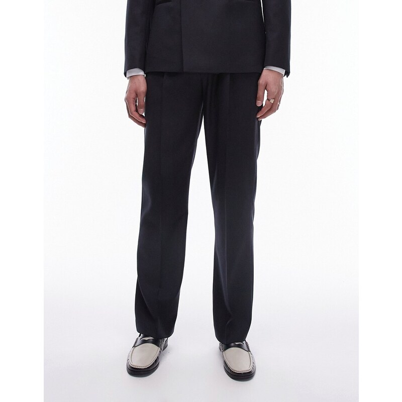 Topman - Pantaloni da abito premium stile smoking neri in misto lana-Nero