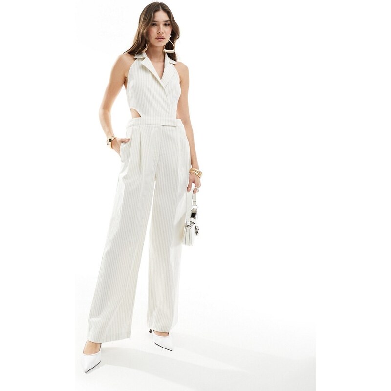 Pretty Lavish - Tuta jumpsuit in misto lino color crema gessato-Bianco