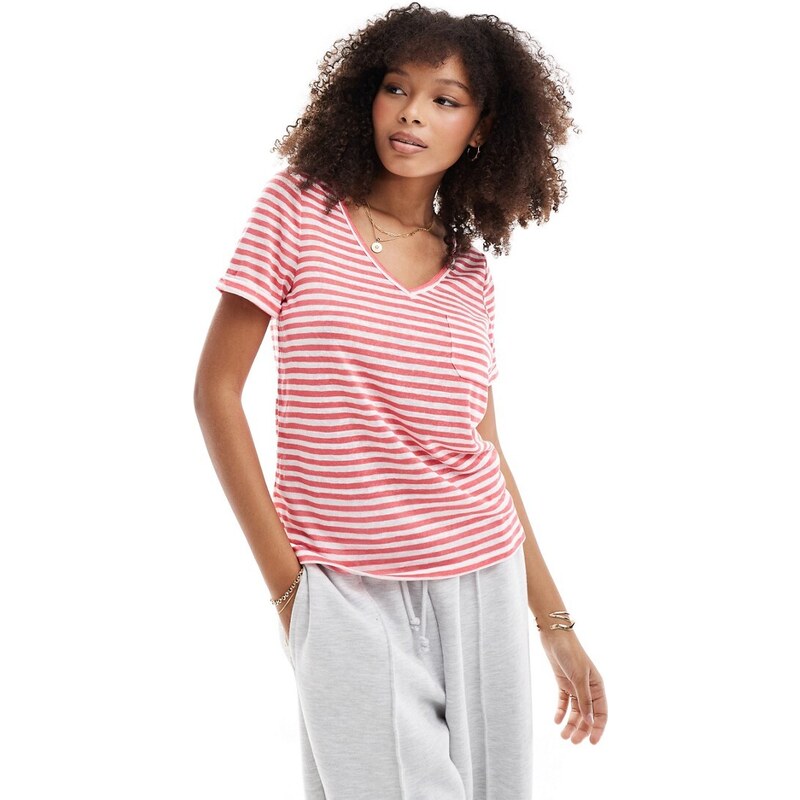 Object - T-shirt con scollo a V a righe rosa e bianche