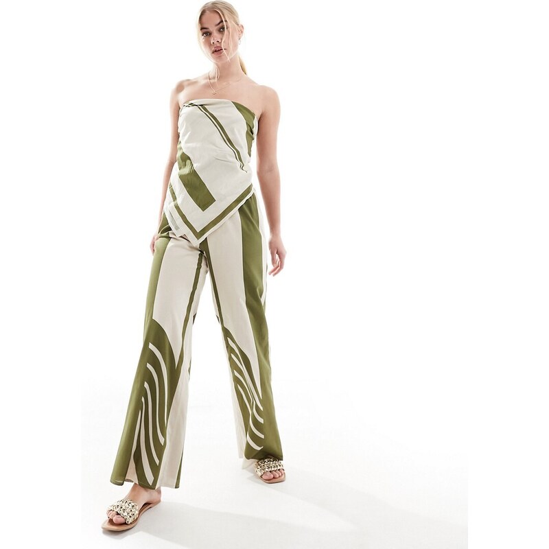 SNDYS - Pantaloni a fondo ampio verdi e bianchi con righe a contrasto in coordinato-Multicolore
