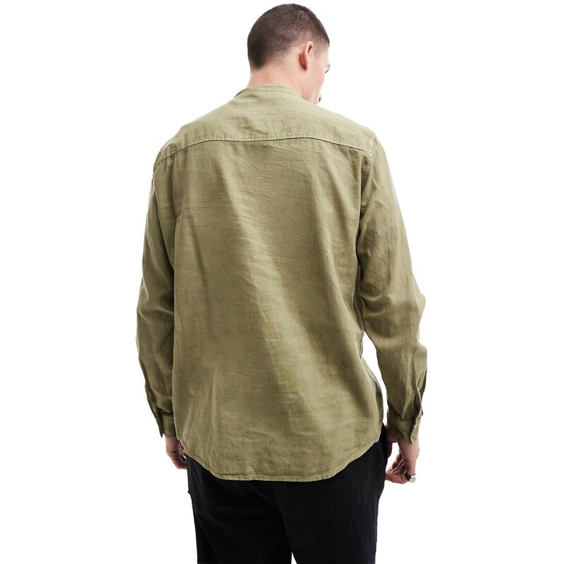 Pull&Bear - Camicia con collo serafino effetto lino verde-Neutro