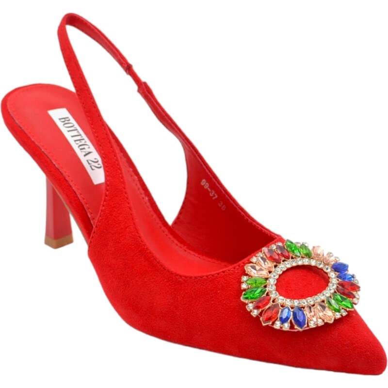 Malu Shoes Scarpe decollete donna slingback in camoscio rosso con accessorio di strass colorati in punta tacco a spillo basso 7 cm