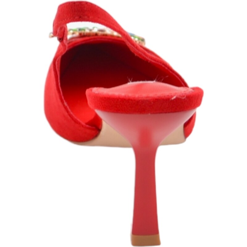 Malu Shoes Scarpe decollete donna slingback in camoscio rosso con accessorio di strass colorati in punta tacco a spillo basso 7 cm