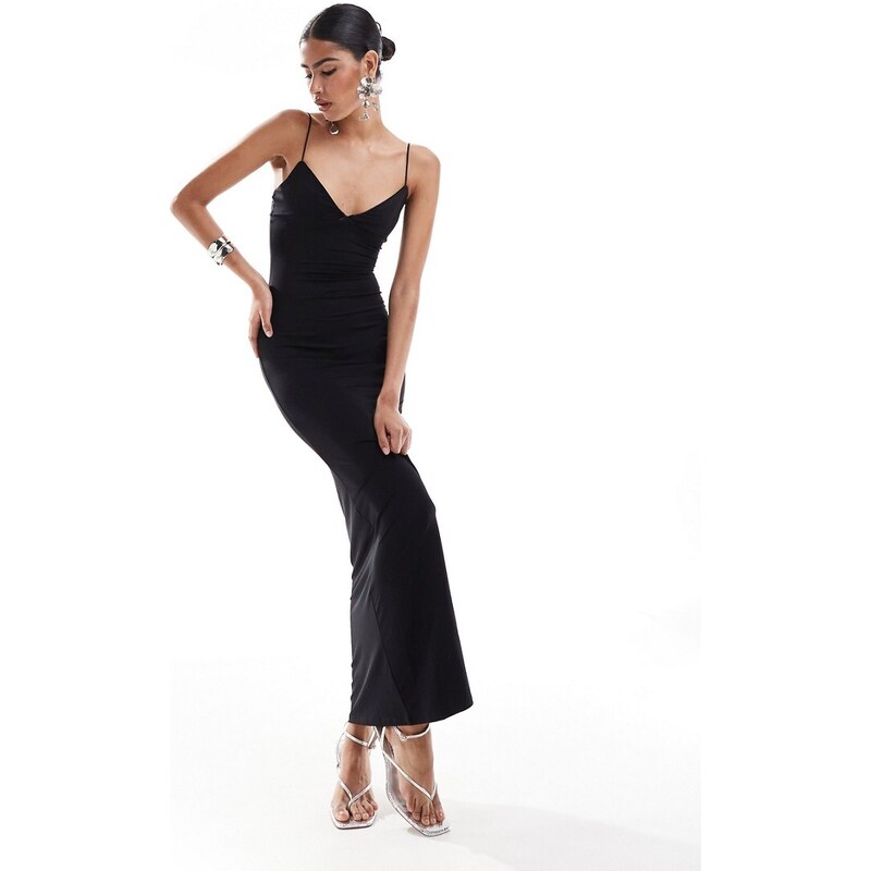 Naked Wardrobe - Vestito Lungo Nero A Doppio Strato Fasciante Con Spalline Sottili E Spacco Sulla Coscia