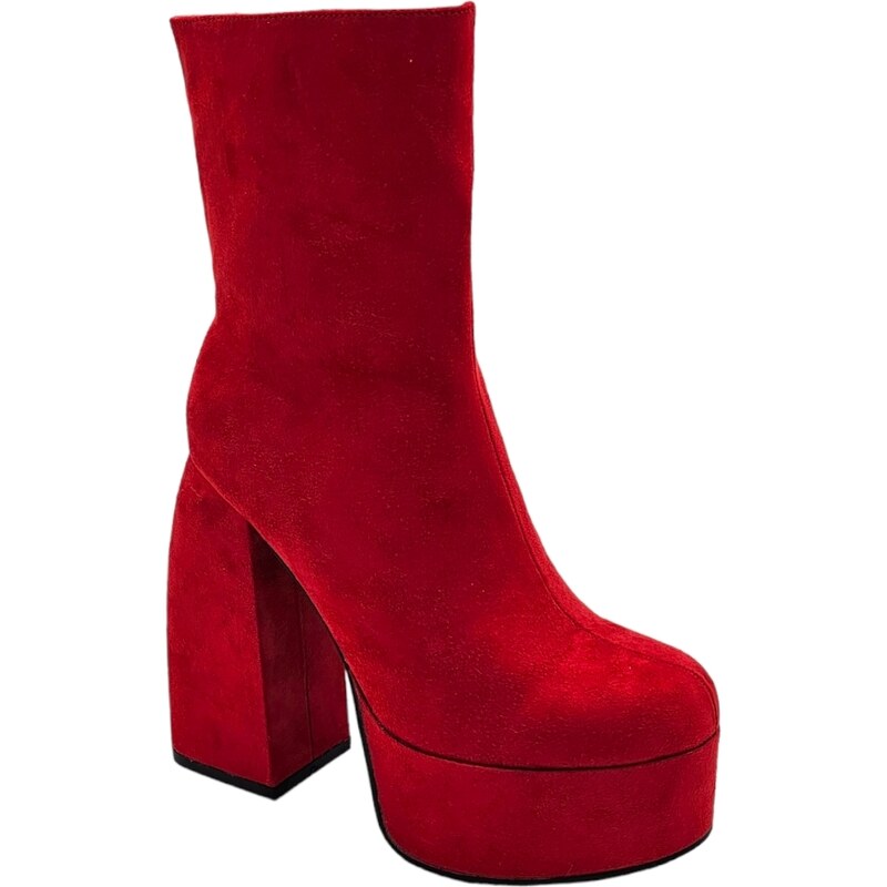 Malu Shoes Tronchetto donna stivaletto camoscio rosso punta tonda tacco 15 cm plateau 5cm con zip effetto calzino poledance