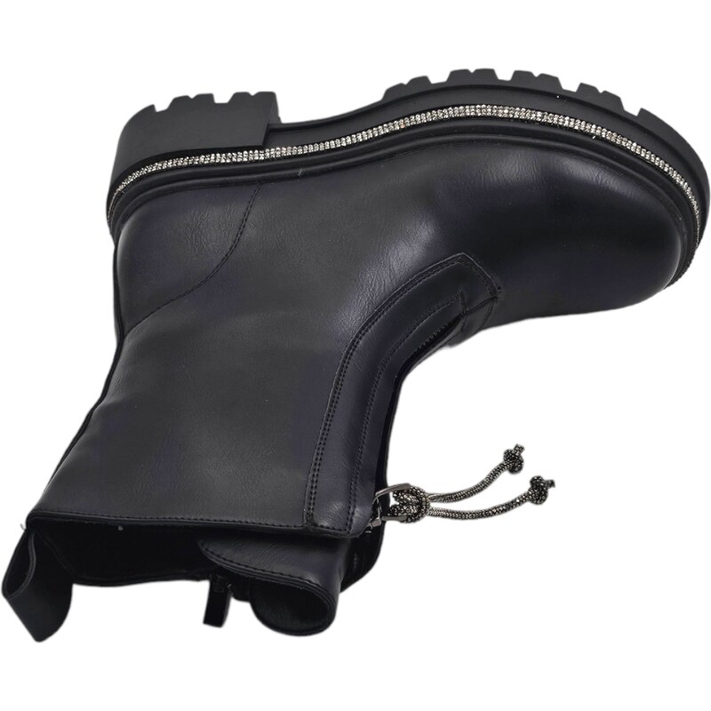 Malu Shoes Stivaletto anfibio donna nero con zip centrale lacci di brillantini fondo alto con bordo glitter luxury moda linea basic