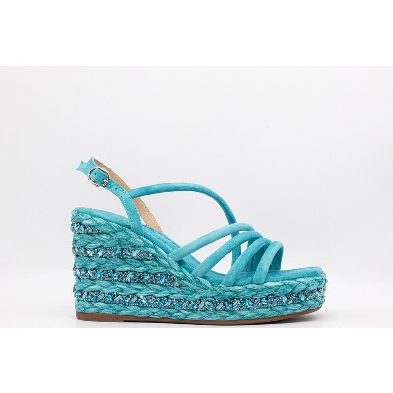 Sandalo Con Zeppa A Gabbia Alma En Pena – Pelle Intrecciata E Strass, Punta Quadrata, Tacco 9,5 Cm, Colore Sabbia