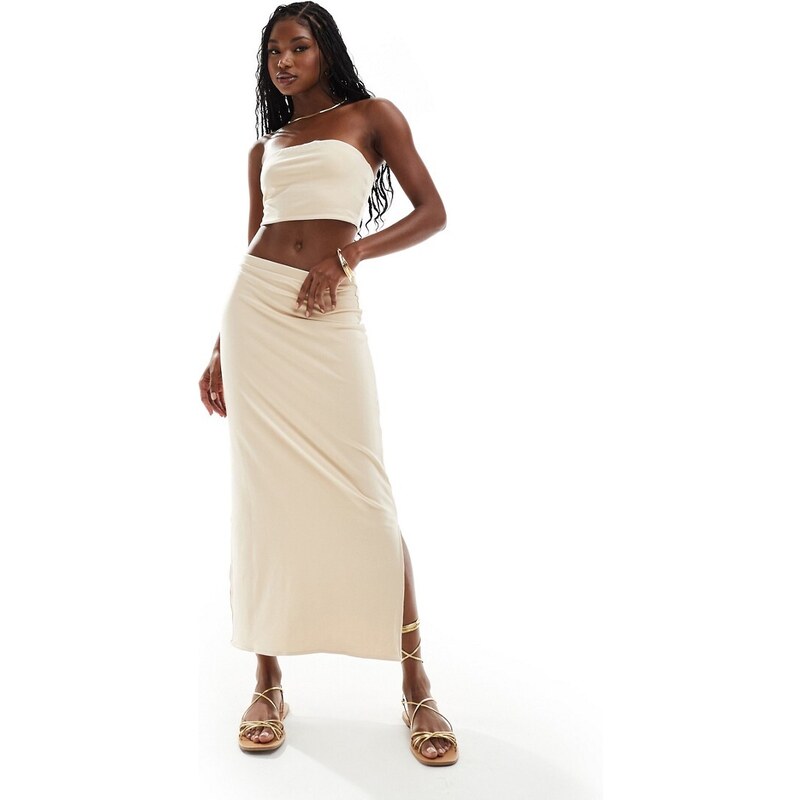 ASOS DESIGN Set coordinato double-face aderente con top a fascia e gonna  lunga a colonna bianco e pietra-Multicolore