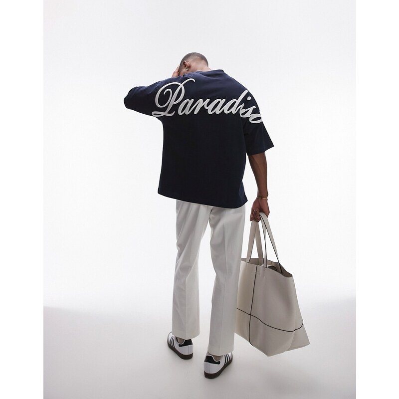 Topman T-shirt oversize pesante blu navy con ricamo 