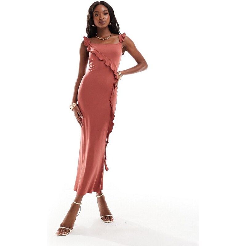 ASOS DESIGN Vestito midi color ruggine con scollo alla Bardot e