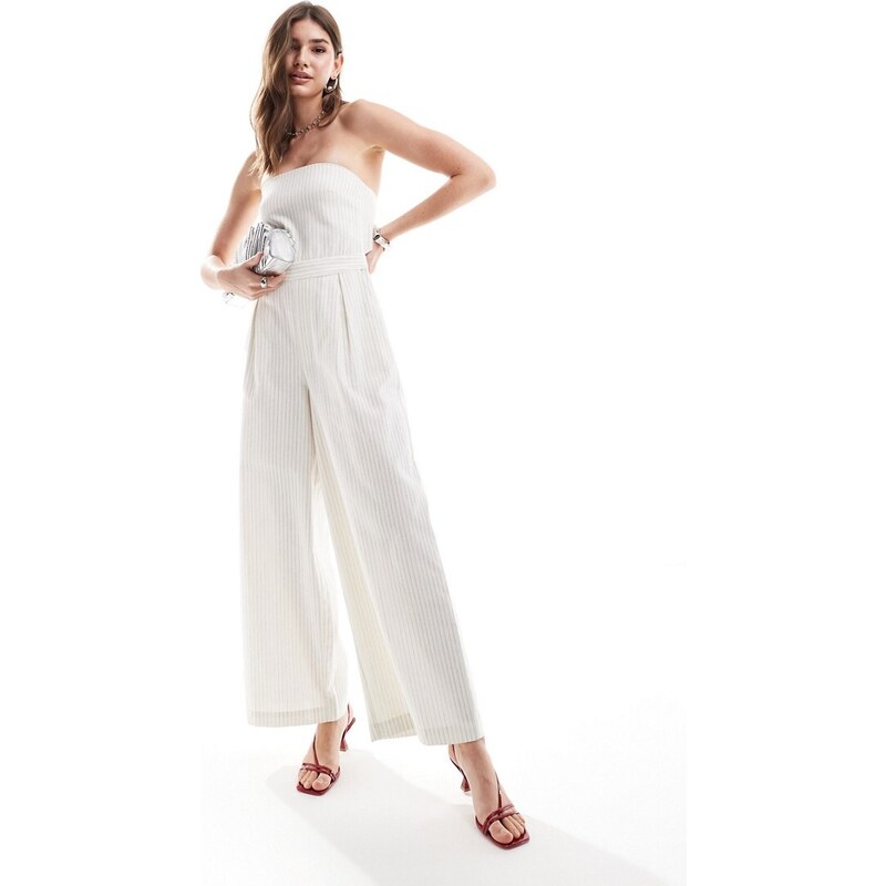 Pretty Lavish - Tuta jumpsuit senza spalline color crema a righe con tasche-Bianco