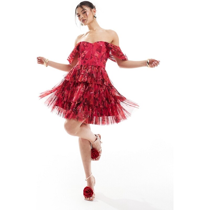 Lace Beads Vestito corto in tulle rosso e rosa a fiori con spalle scoperte e dettaglio stile corsetto Stileo