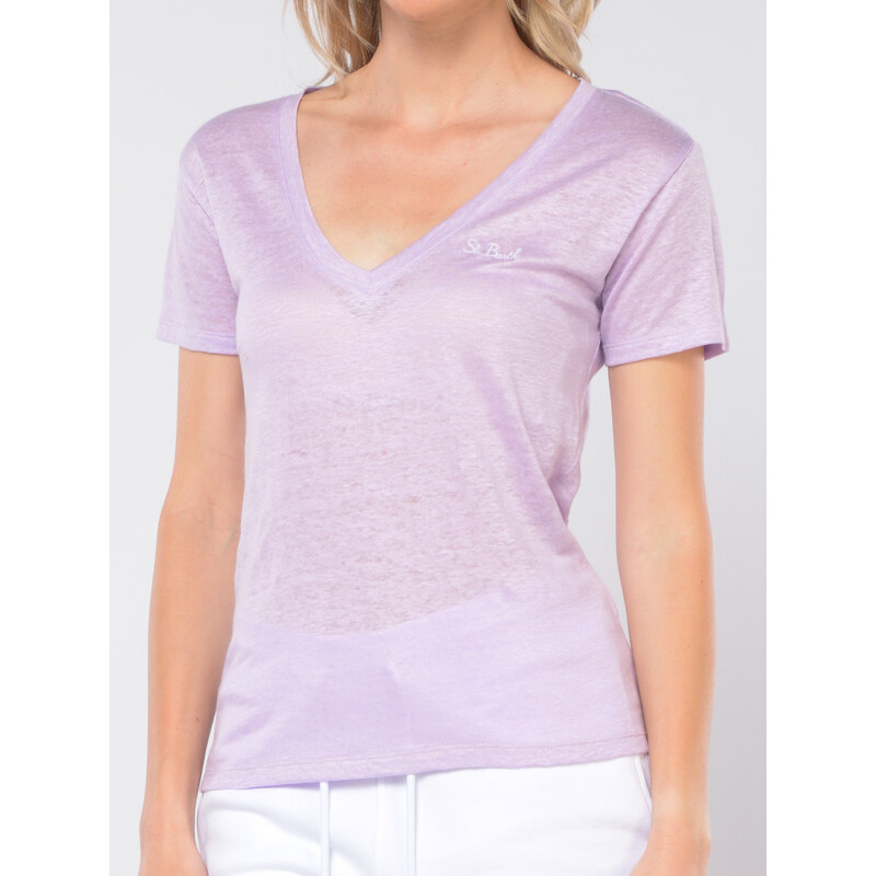 t Shirt da donna Mc2 Saint Barth in lino con scollo a V