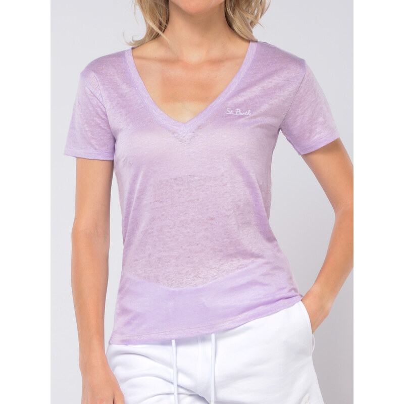 t Shirt da donna Mc2 Saint Barth in lino con scollo a V