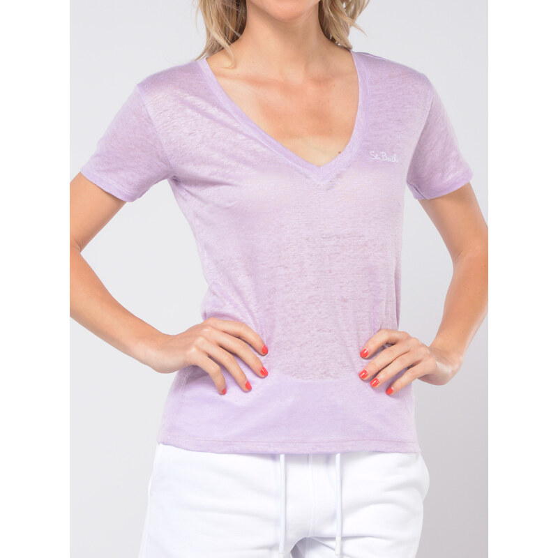 t Shirt da donna Mc2 Saint Barth in lino con scollo a V
