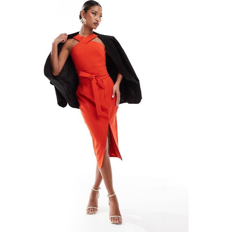 Lavish Alice Obi Vestito midi allacciato al collo rosso con