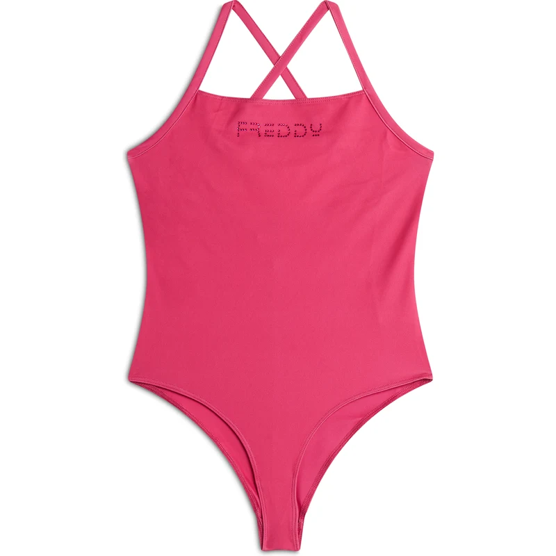 Freddy Costume Intero Bambina con Spalline Incrociate e Logo Strass