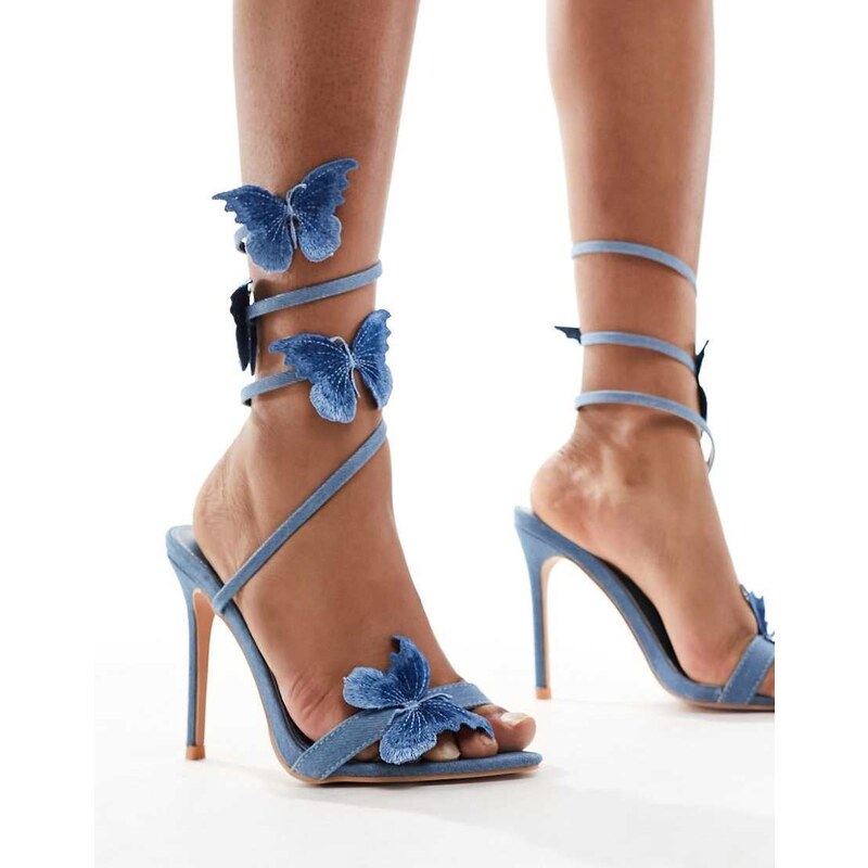 Simmi London - Brixley - Sandali con tacco in denim blu con fiore
