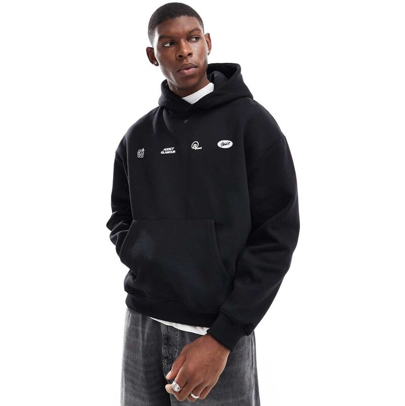 Pull&Bear Felpa con cappuccio nera con stampa di fragole sul