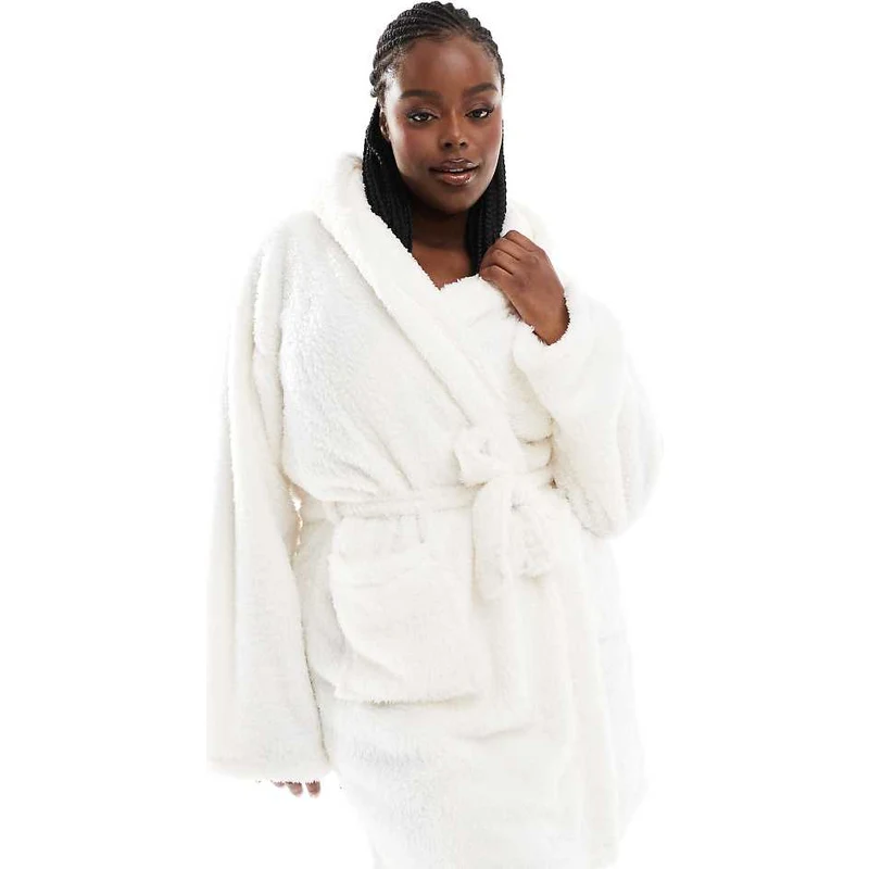 Loungeable Curve Vestaglia corta in pile crema con cappuccio con  orecchie-Bianco
