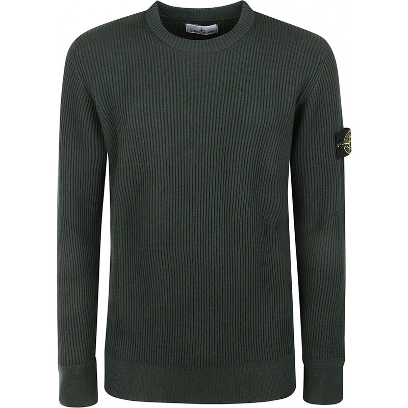 Stone Island maglia verde uomo girocollo in lana a costa inglese