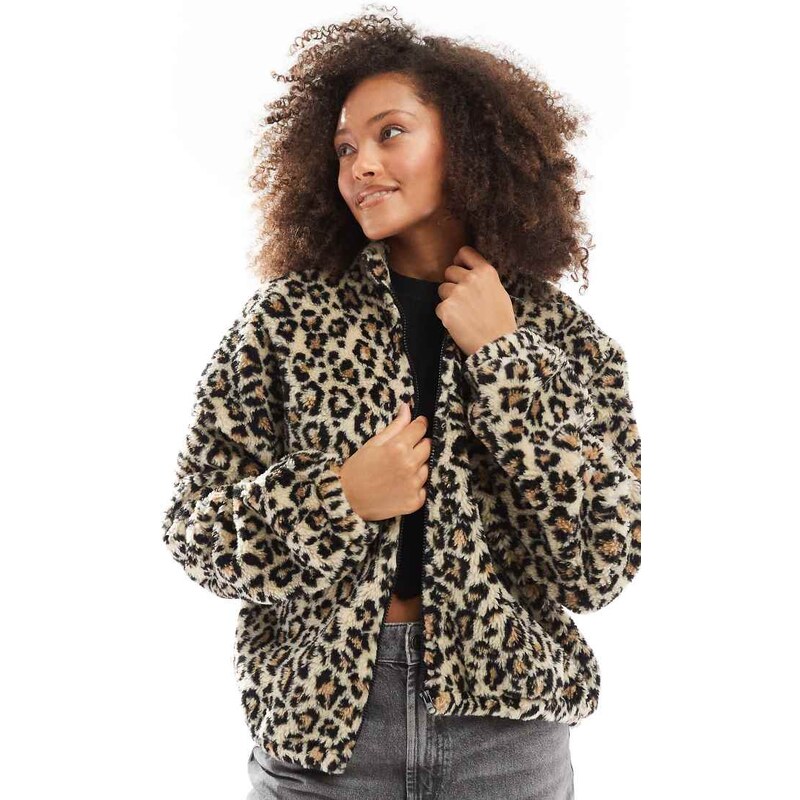 ASOS DESIGN Felpa in pile borg con stampa leopardata e zip